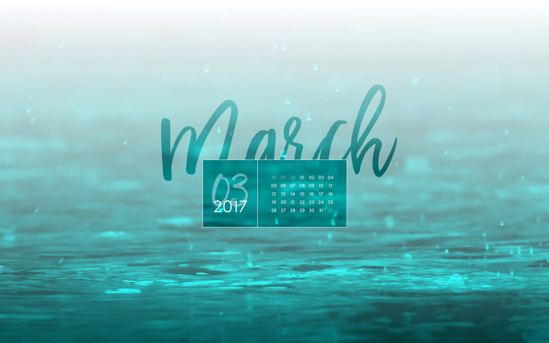 2017年三月日曆 壁紙 — 一個2017年3月的數位日曆漂浮在平靜的藍綠色水面上，帶有輕柔的漣漪和柔和的光線。