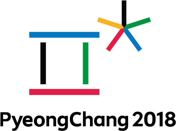 平昌2018冬季奧運會標誌 壁紙 — 抽象標誌，帶有彩色幾何形狀和文字 PyeongChang 2018，背景為黑色。