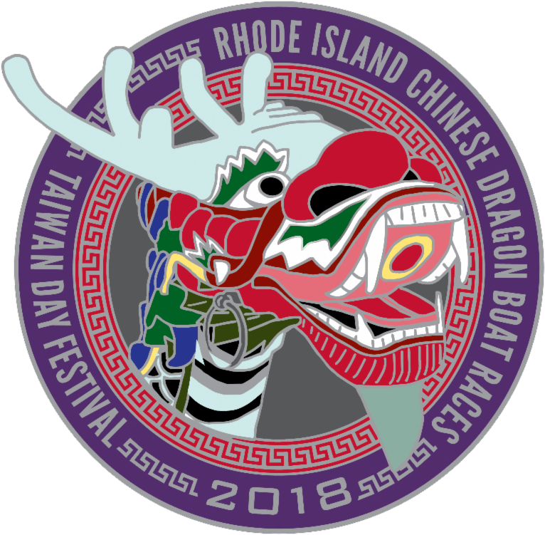 羅德島2018中國龍舟賽 壁紙 — 充滿活力的圓形別針，帶有色彩繽紛的中國龍頭和鹿角，文字為 Rhode Island Chinese Dragon Boat Races 2018。