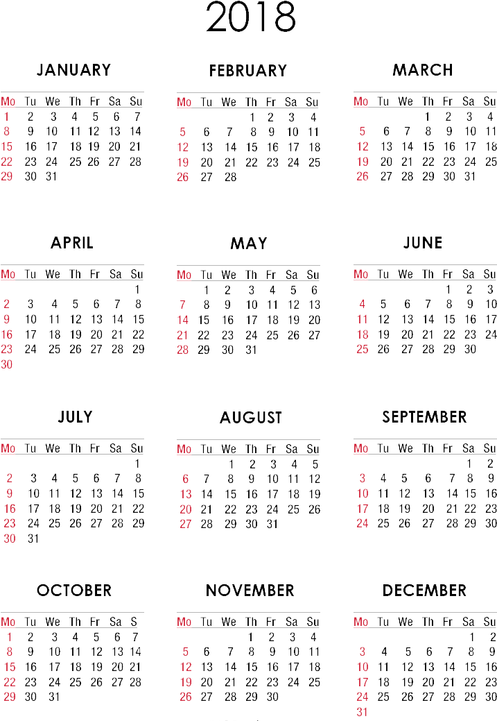 完整2018年日曆剪貼圖 壁紙 — 一個極簡風格的2018年日曆，帶有在黑色背景上發光的紅色和白色數字。