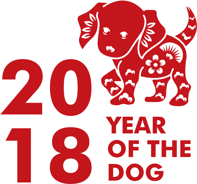 2018 中國新年狗年 壁紙 — 一隻大膽的紅色風格化狗帶有花卉圖案，站在黑色背景上，旁邊是大的紅色文字，寫著2018 YEAR OF THE DOG。