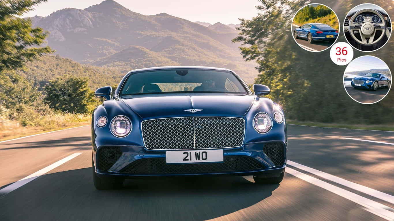 2018款藍色賓利Continental GT背景圖 壁紙 — 一輛時尚的藍色 Bentley Continental GT 在蜿蜒的山路上巡航，沐浴在金色的陽光下。