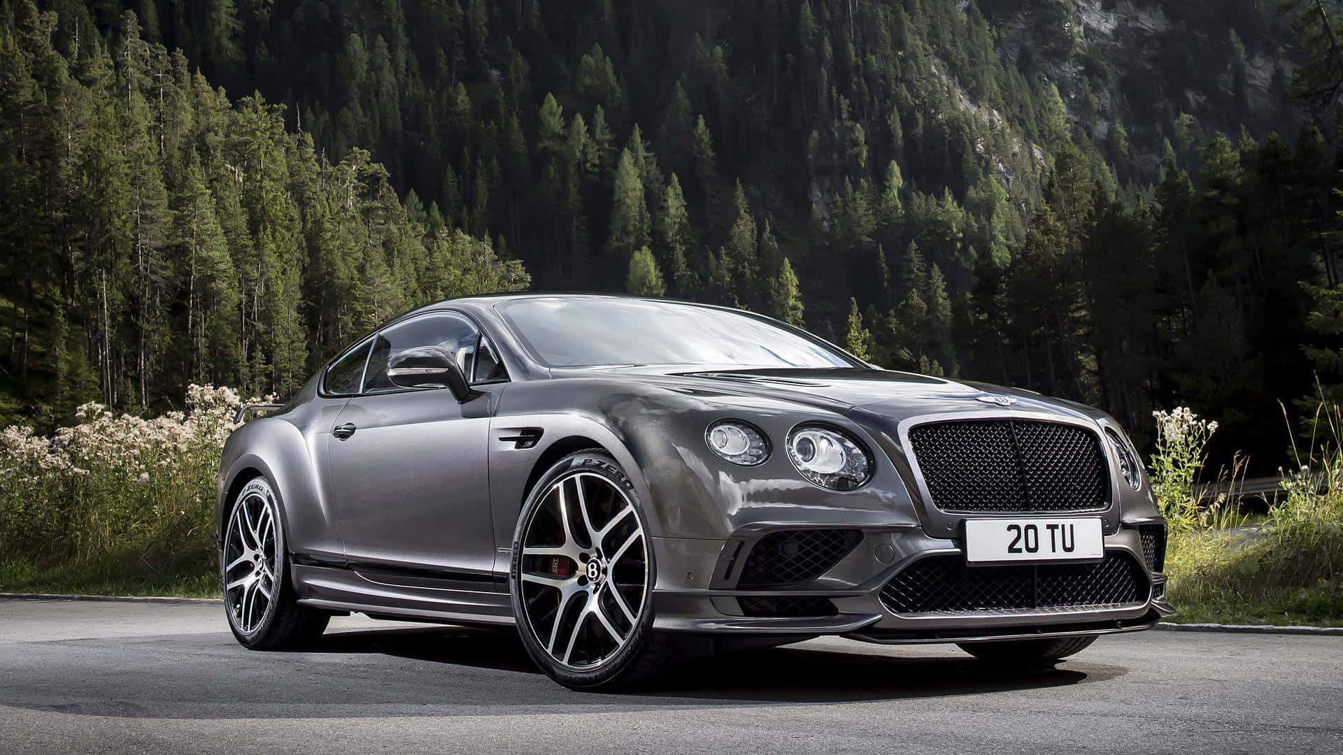 2018賓利大陸GTSport 壁紙 — 一輛時尚的銀色賓利 Continental GT 在兩旁茂密常綠森林的山路上飛馳。