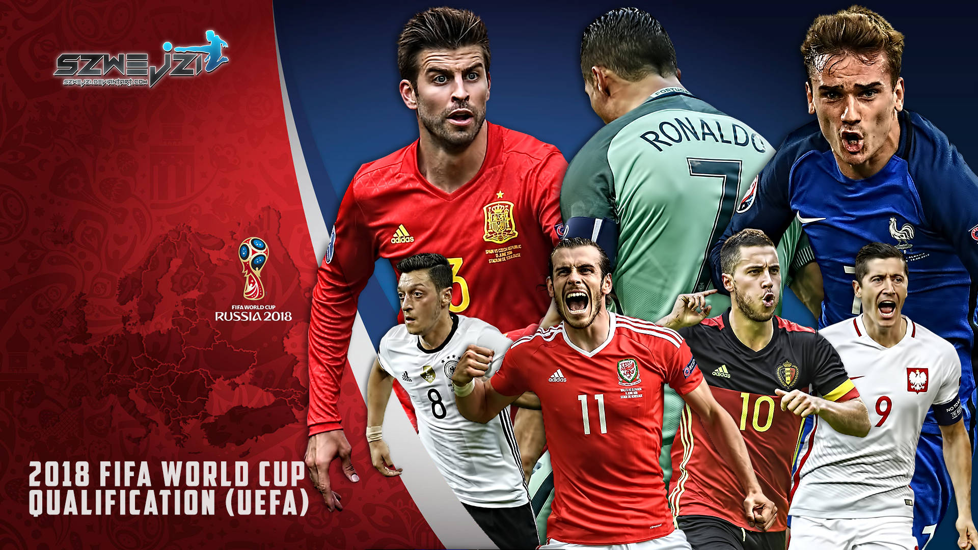 2018世界盃資格賽海報 壁紙 — 動態拼貼畫，展示UEFA 2018世界盃外圍賽中身穿鮮豔隊服的激烈足球運動員。