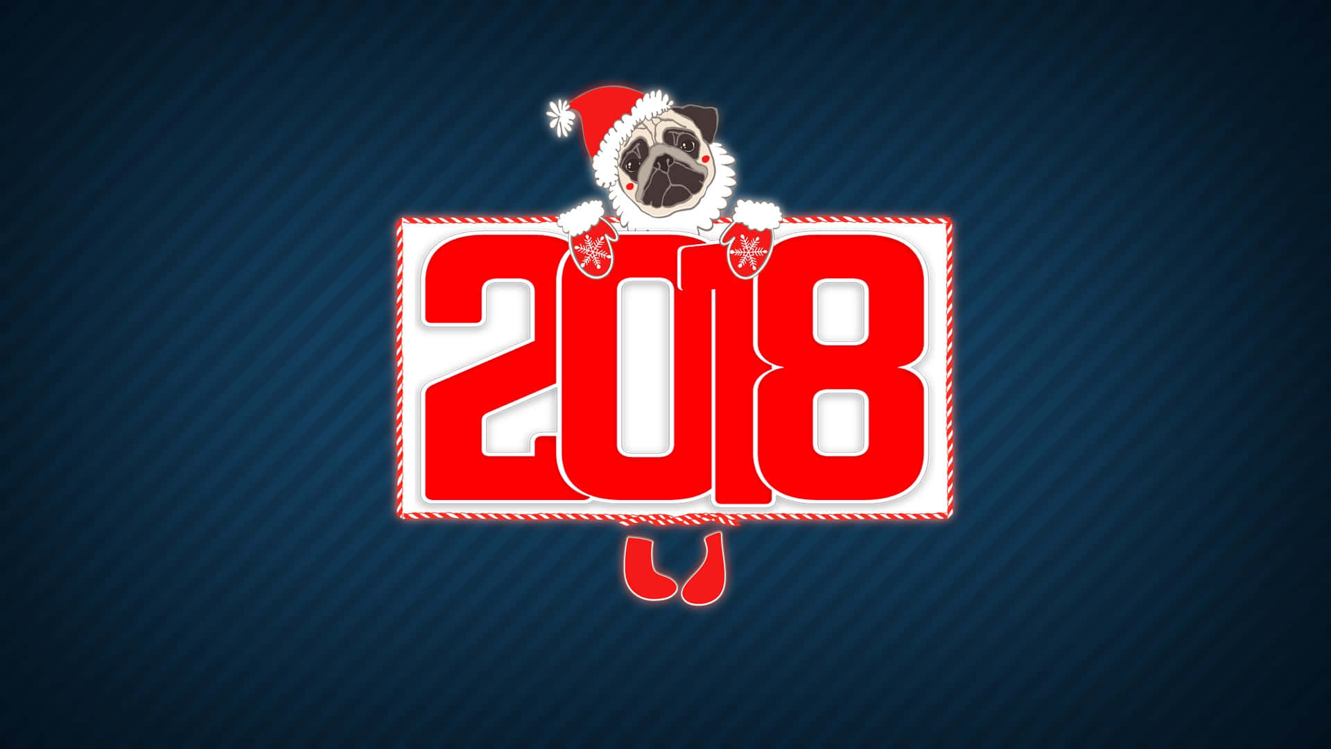 戴聖誕帽的八哥犬在藍色條紋背景上從紅色2018圖形上方探出頭來。