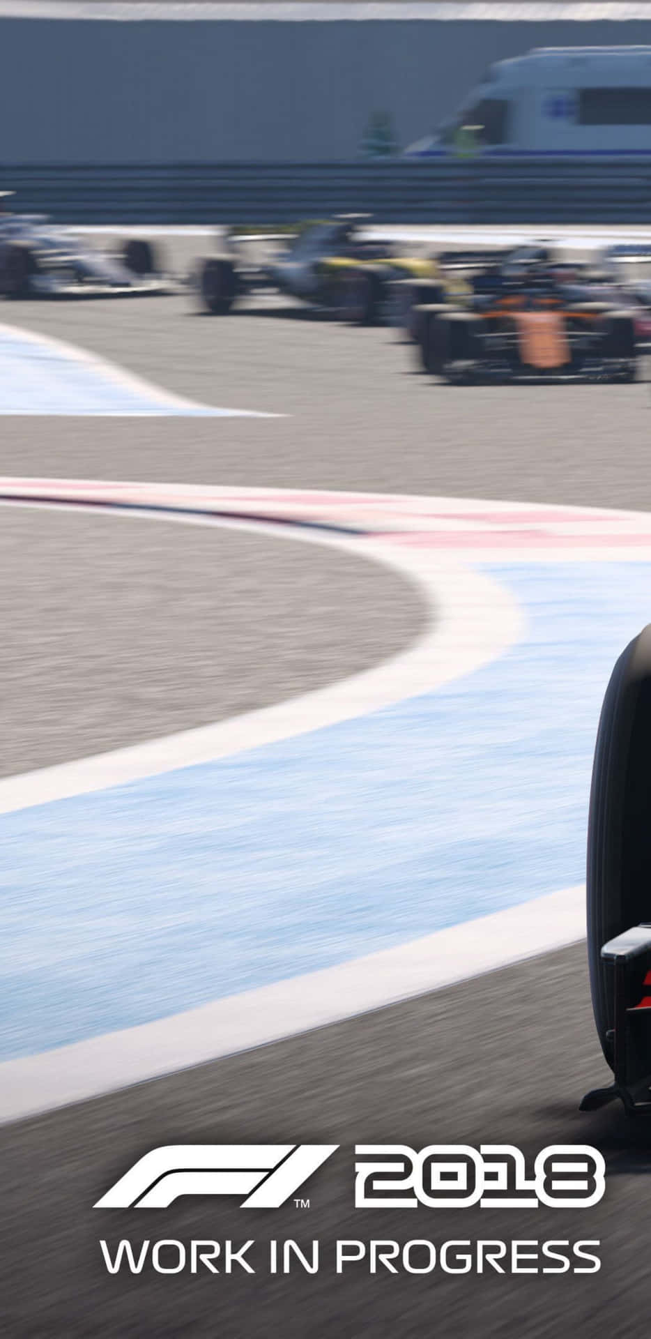 F1賽車在電子遊戲中於賽道彎道高速行駛。