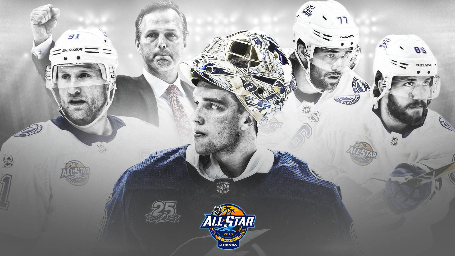 NHL全明星冰球運動員和教練以動作姿勢呈現，身後有體育場燈光。