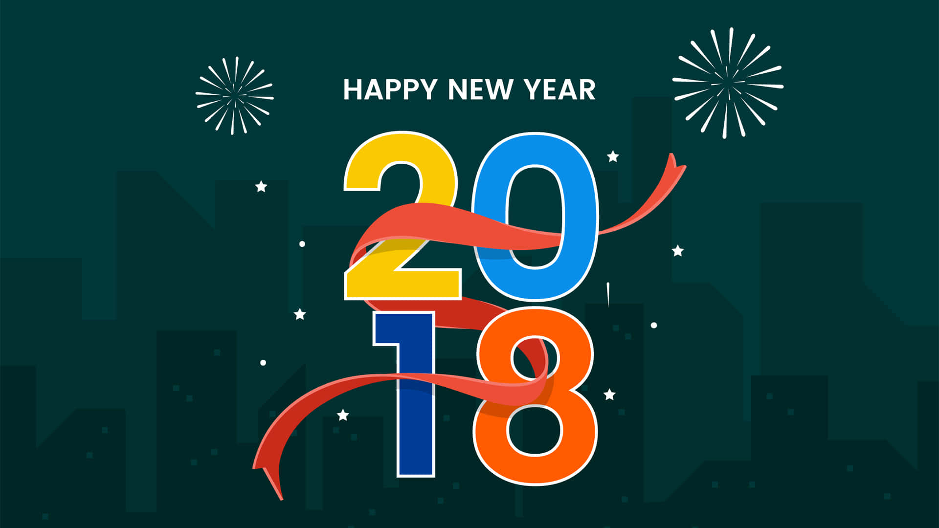新年快樂2018年圖形，色彩繽紛的數字和煙火在城市天際線上。