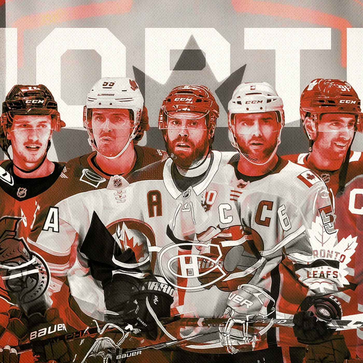 2019-20 NHL 托馬斯·沙博特 壁紙 — 五名身穿紅白球衣、戴頭盔、持球棍的曲棍球運動員在風格化的多倫多背景前擺姿勢。