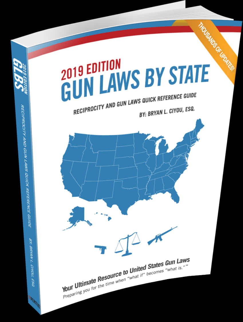 2019年各州槍械法規參考指南 壁紙 — 一本3D渲染的書，書名為《2019 Edition Gun Laws by State》，白色封面帶有藍色美國地圖和槍支圖標。