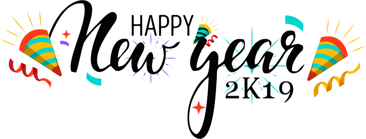 2019新年慶祝向量圖 壁紙 — 充滿活力的節日圖案，以粗體字寫著「Happy New Year 2K19」，周圍環繞著色彩繽紛的派對帽和五彩紙屑。