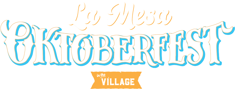 拉梅薩奧克托貝斯特2019標誌 壁紙 — 粗體風格文字顯示 La Mesa Oktoberfest 1973 in the Village 2019，以藍色、白色和金色字體印在黑色背景上。