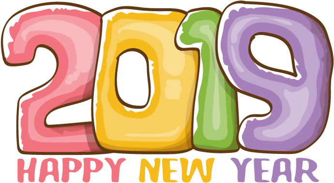 2019彩色新年向量圖 壁紙 — 充滿活力的卡通風格2019新年文字，帶有光澤糖果般的數字和節日訊息，背景為黑色。