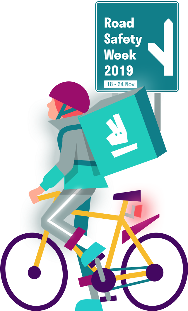 2019年道路安全週自行車海報 壁紙 — 一個戴頭盔的風格化單車手，踩著色彩繽紛的單車，在 'Road Safety Week 2019' 標誌下攜帶一個送貨箱。