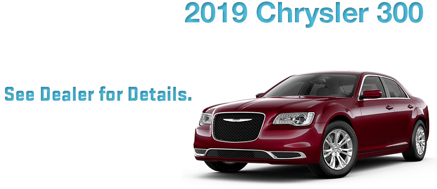 2019款道奇Chrysler 300廣告 壁紙 — 一輛光澤的紅色2019年克萊斯勒300轎車在黑色背景上展示，並帶有促銷文字。