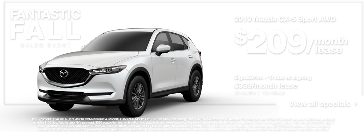 2019馬自達CX-5 Sport AWD 租賃廣告 壁紙 — 一輛白色2019年Mazda CX-5 Sport AWD在宣傳廣告中展示，並以粗體文字宣傳秋季銷售活動和租賃價格。