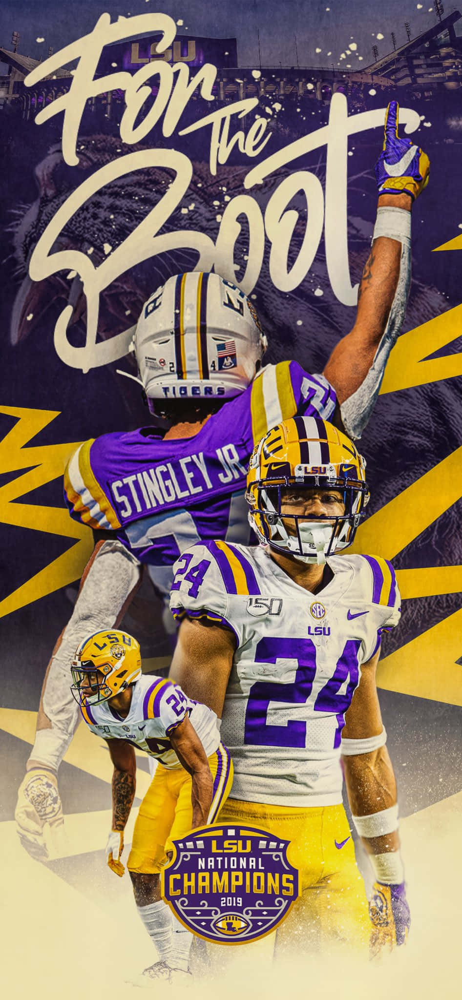 2019年NCAA冠軍德里克·辛格利 Jr. 壁紙 — LSU 足球運動員在體育場背景下舉起雙臂，以鮮明的紫色和金色圖案慶祝冠軍勝利。