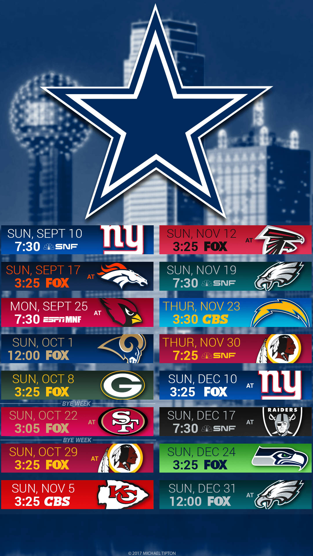 達拉斯牛仔隊 2017 NFL 賽程，附比賽時間和對手。