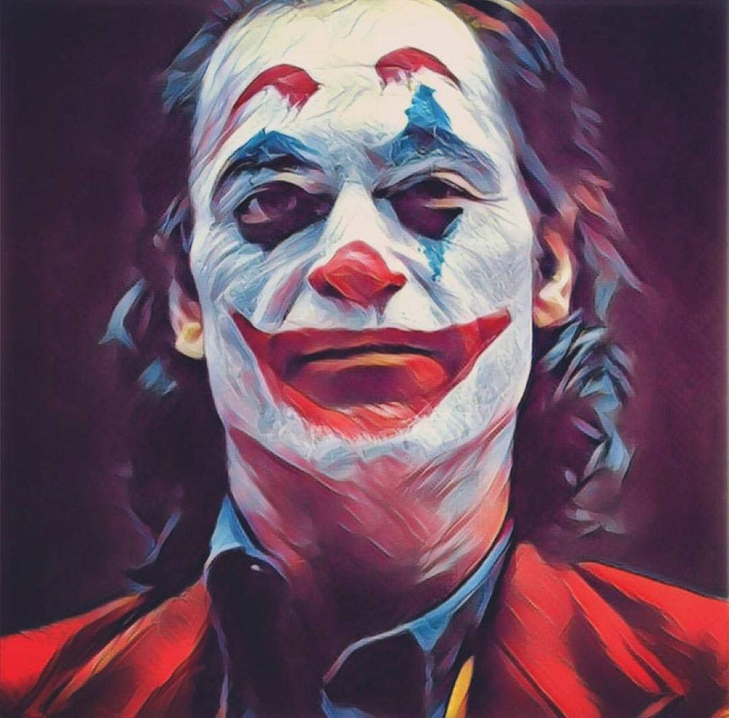 小丑的特寫肖像，妝容模糊，表情強烈。