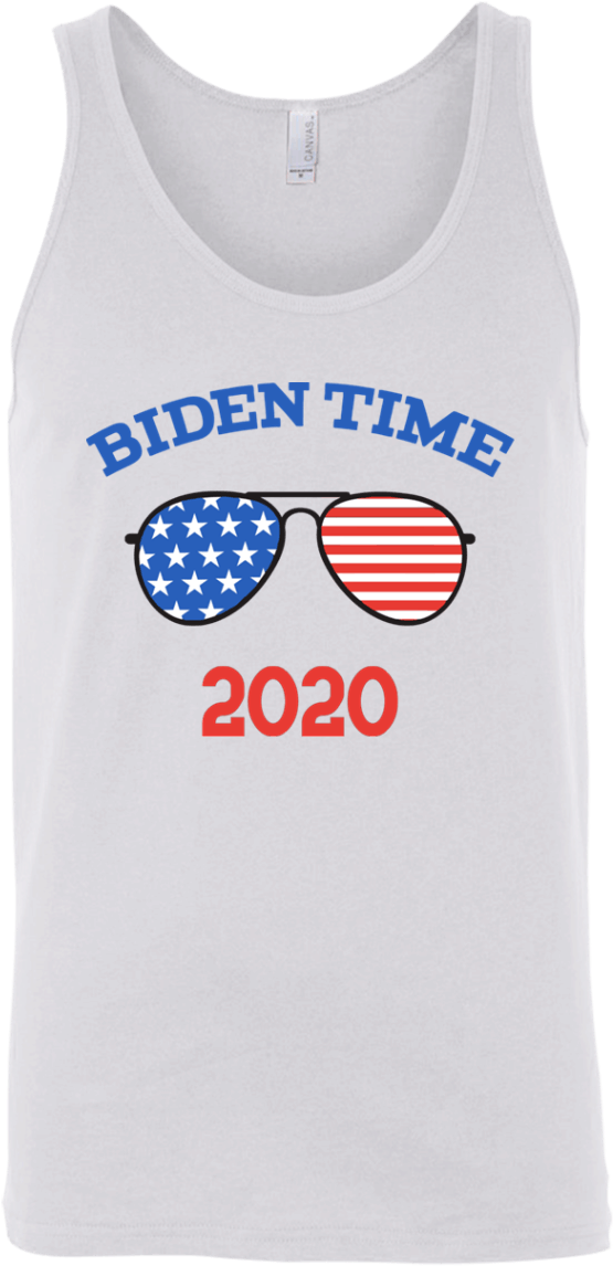 拜登2020競選背心 壁紙 — 白色背心，上面有藍色「BIDEN TIME」文字、美國國旗鏡片的太陽眼鏡，下方有紅色「2020」。