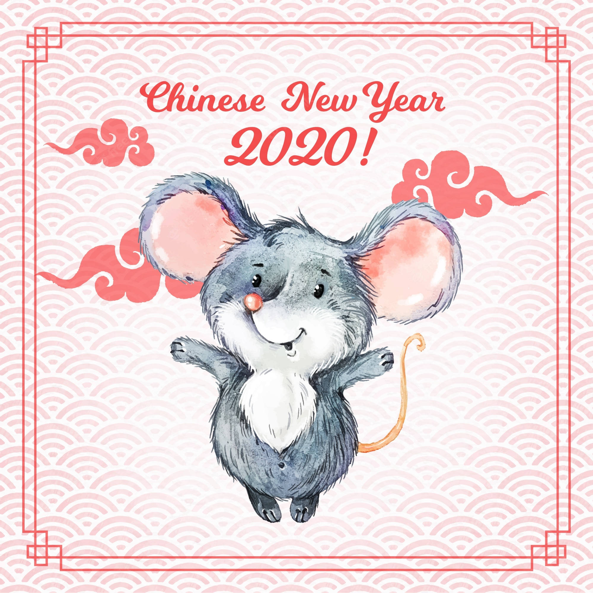 可愛鼠年2020 壁紙 — 一隻快樂的水彩老鼠在粉紅色波浪圖案、紅色雲朵和裝飾框架的背景下慶祝2020年農曆新年。