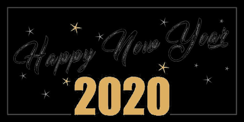2020新年慶祝 壁紙 — 以優雅銀色字體和粗體金色數字呈現的「Happy New Year 2020」，背景為黑色，點綴閃爍星星。