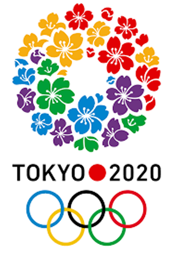 東京2020奧運會標誌 壁紙 — 鮮豔多彩的櫻花在東京2020奧運標誌和交織環上方形成圓形花環。