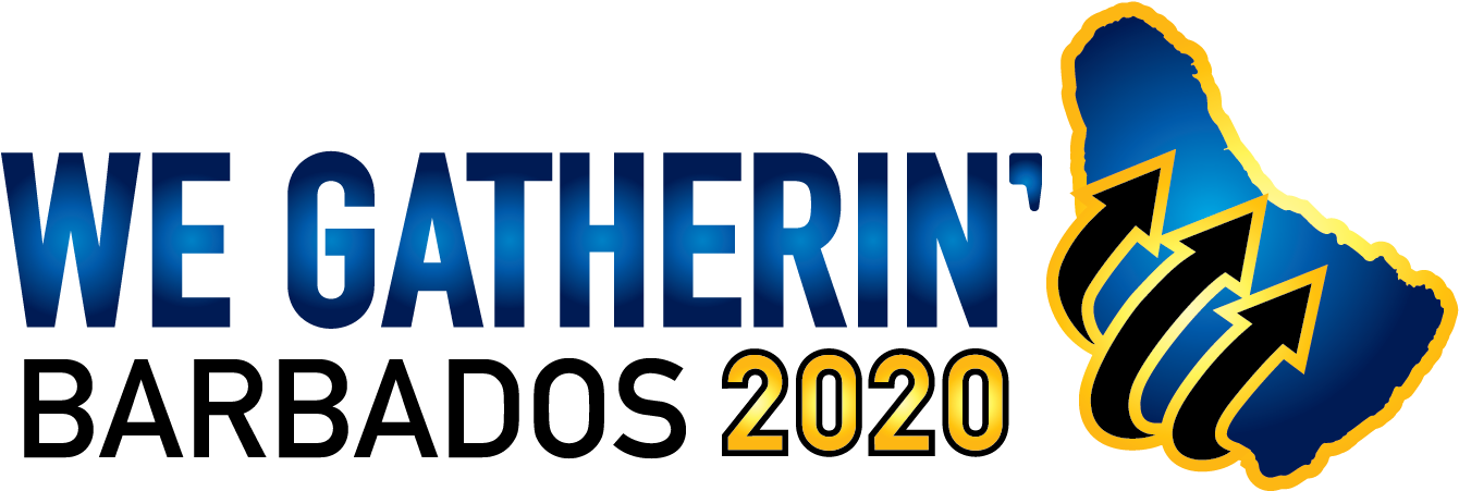我們聚集巴巴多斯2020活動標誌 壁紙 — 大膽的藍色和金色文字寫著「WE GATHERIN' 2020」，旁邊是帶有箭頭的風格化地圖輪廓。