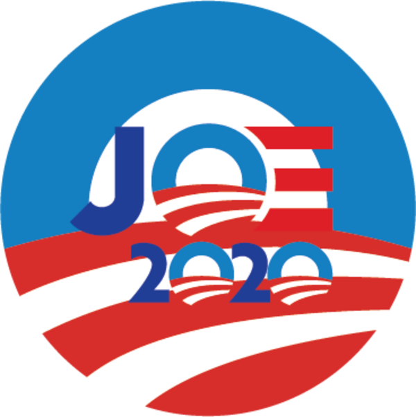 喬·拜登2020競選標誌 壁紙 — 一個圓形政治競選標誌，藍色「JOE」和「2020」文字位於紅色白色條紋上，背景為藍色。