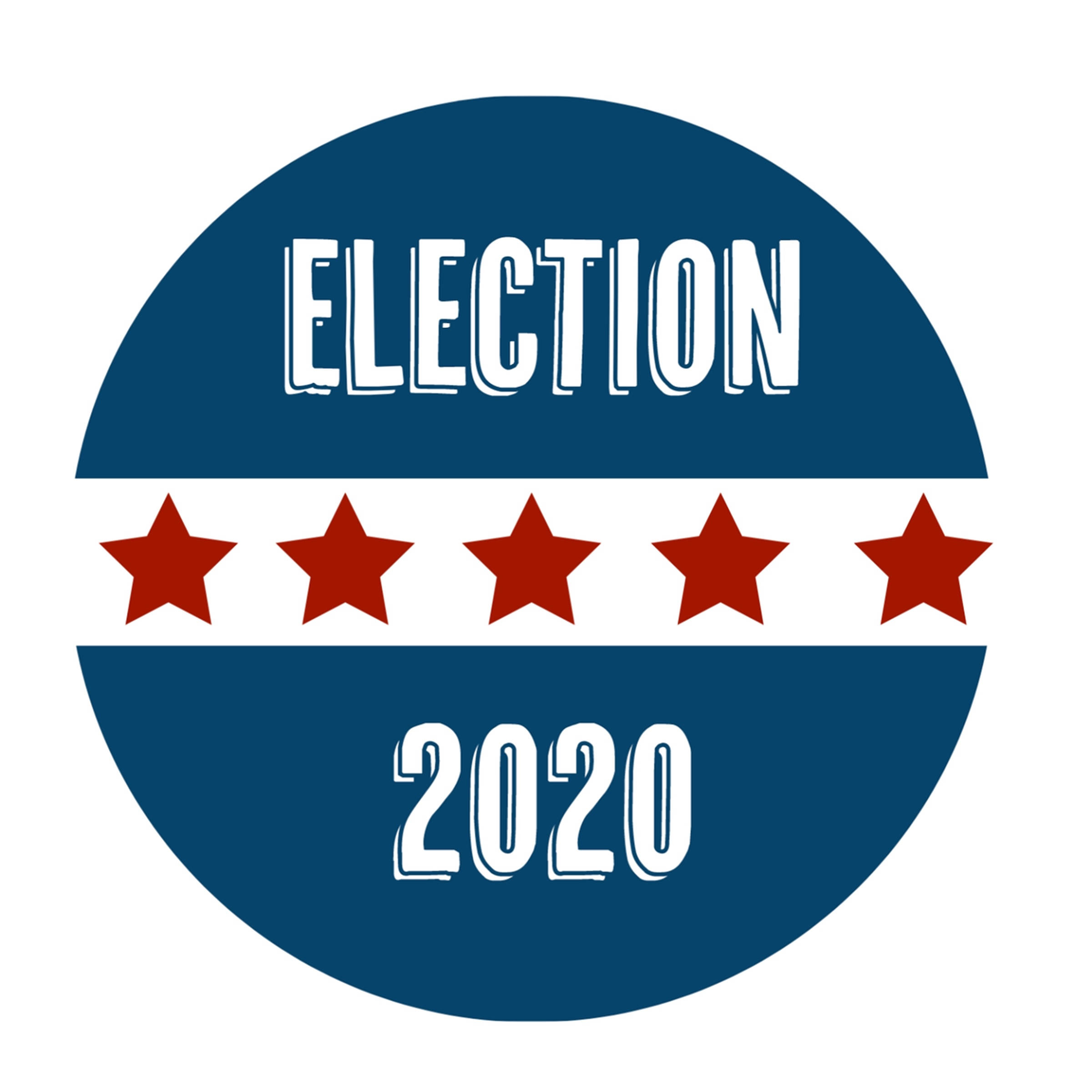 2020 選舉競選貼紙 壁紙 — 一個大膽的藍色圓形徽章，白色文字寫著 ELECTION 和 2020，由一條帶有五顆紅星的白色條紋分隔。
