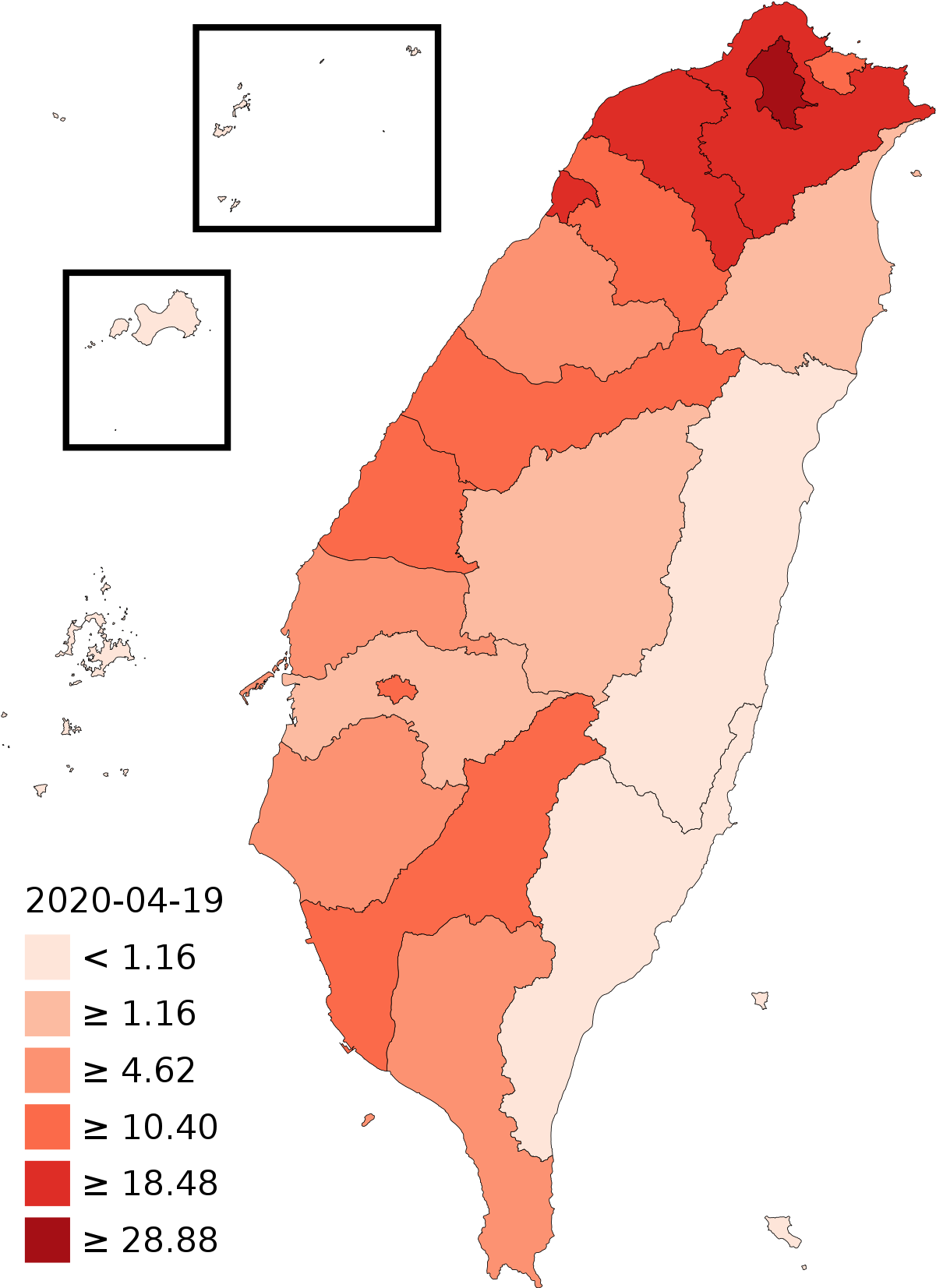台灣2020年4月19日COVID-19病例密度地圖 壁紙 — 台灣的熱力圖，區域以不同深淺的紅色和米色在黑色背景上呈現陰影。