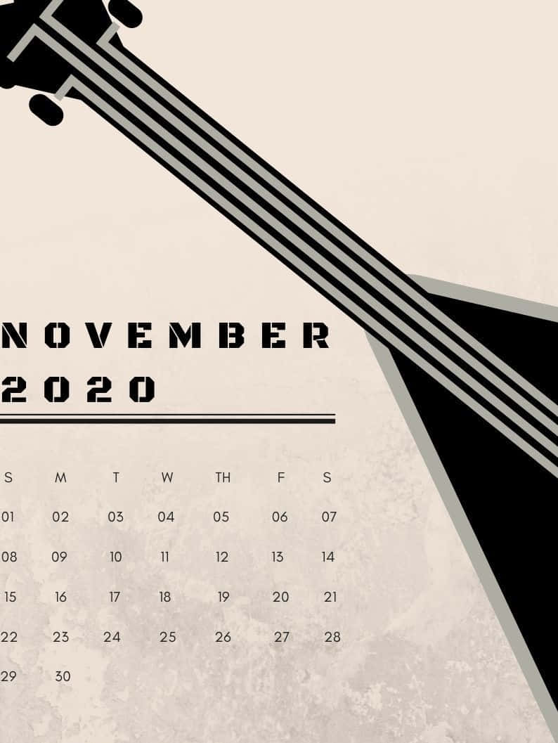 2020年11月日曆，帶有黑色和米色調的吉他琴頸圖形。