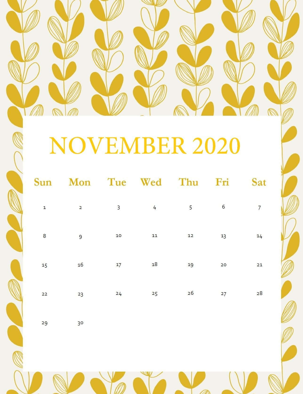 2020年11月月曆，奶油色背景上帶有金色葉片邊框。