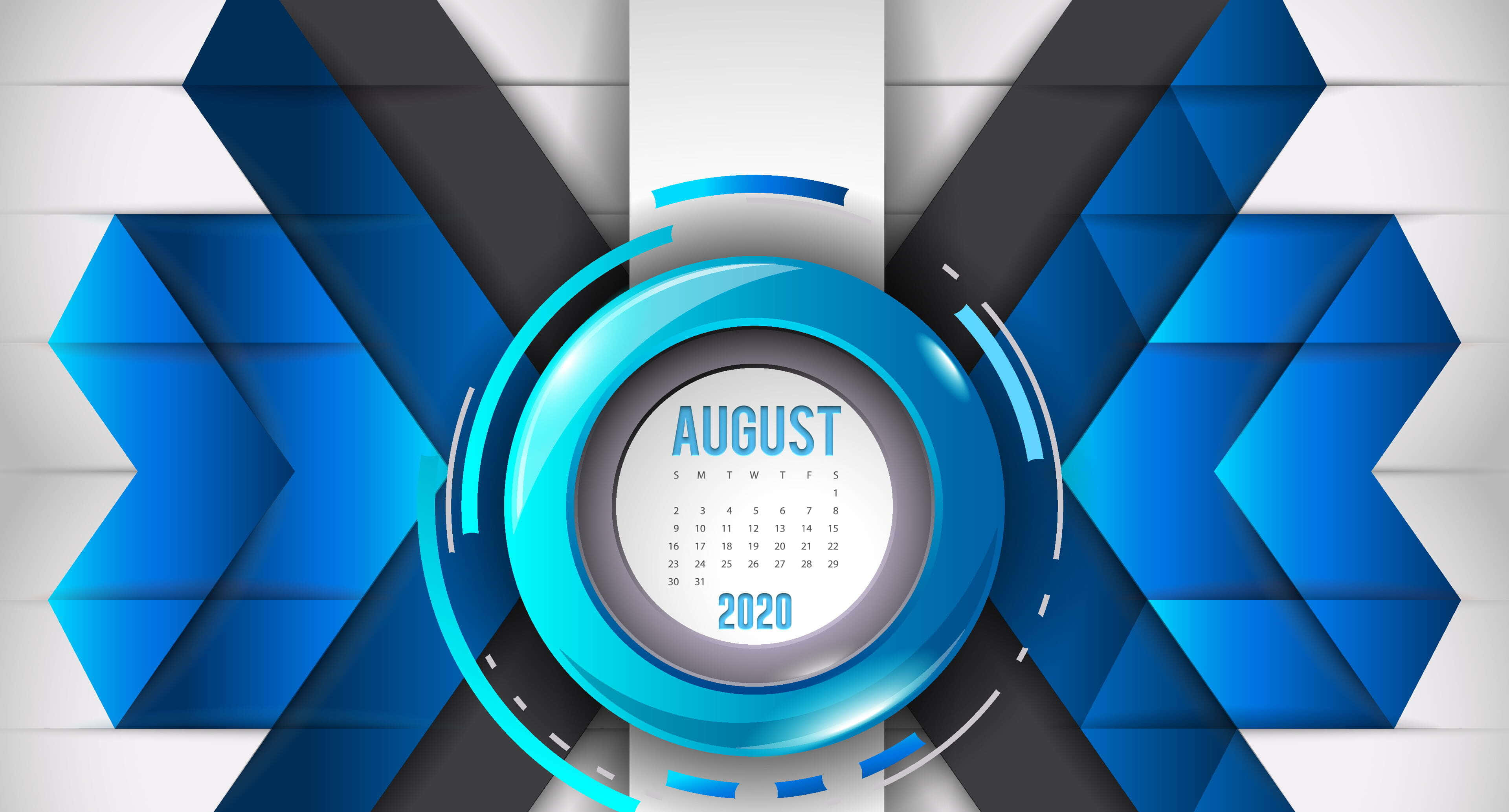 August 桌布 壁紙 — 2020年8月的未來感藍黑幾何日曆，置於光澤圓形框架中央。