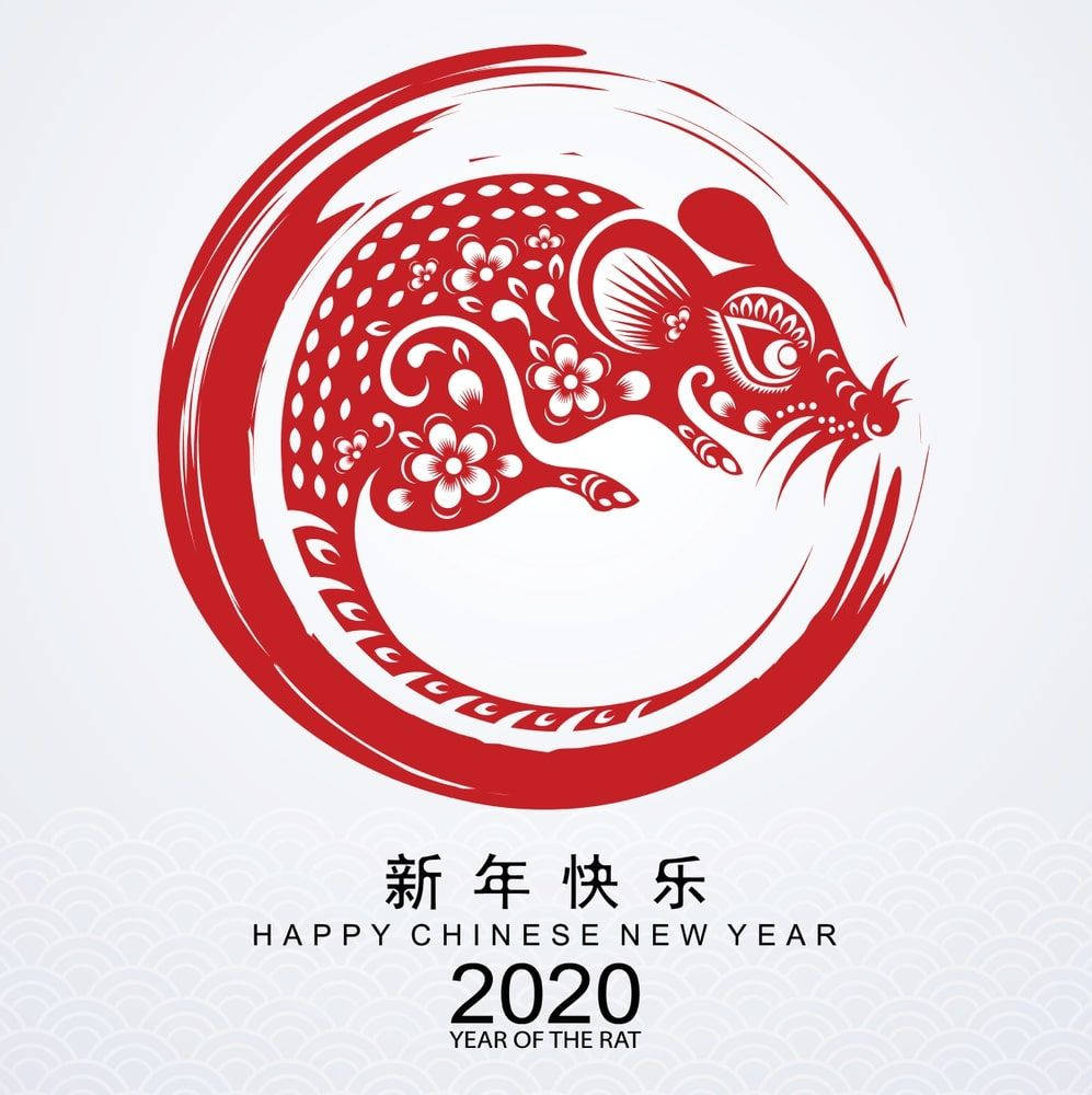 2020年鼠年 壁紙 — 一隻鮮紅色剪紙老鼠，飾有花卉圖案，在淺灰色背景上的圓形框架內旋轉。