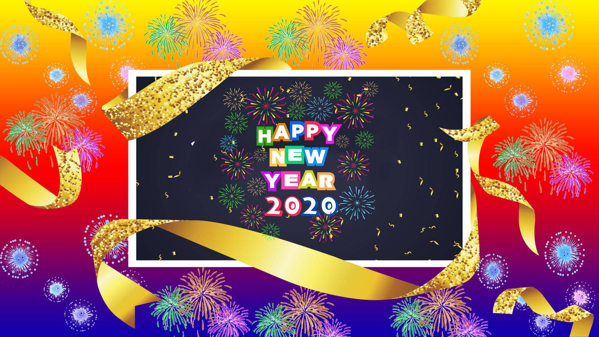 Happy New Year 2020 祝福，在彩虹漸變上有煙火和金色絲帶。