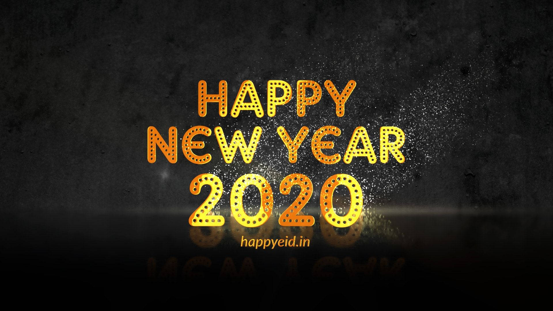 金色「Happy New Year 2020」文字，帶有閃光，喺深色背景上。