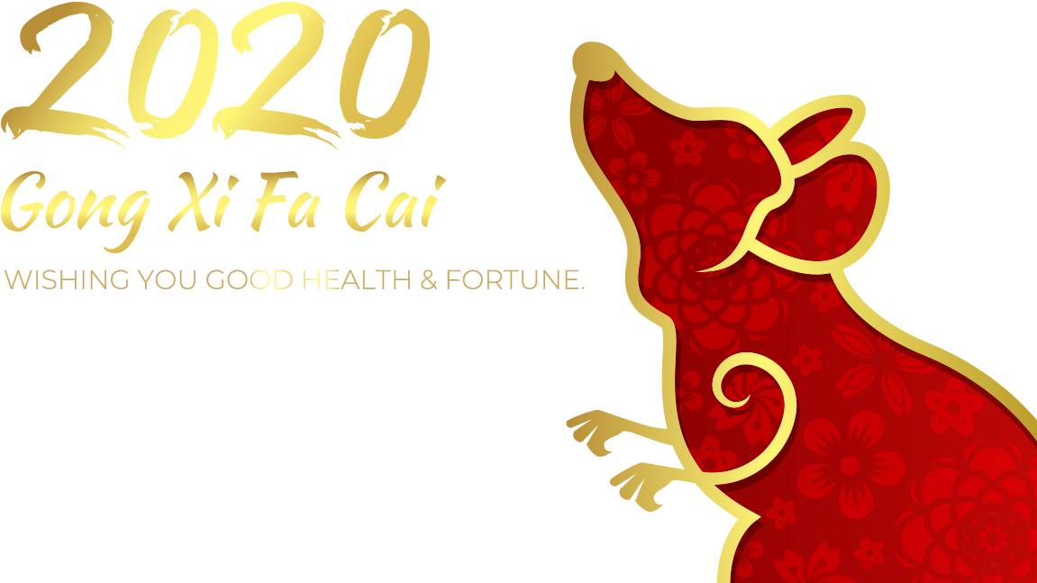2020春節恭喜發財 壁紙 — 金色2020年中國新年老鼠剪影，紅色背景上帶花卉圖案，黑色背景。