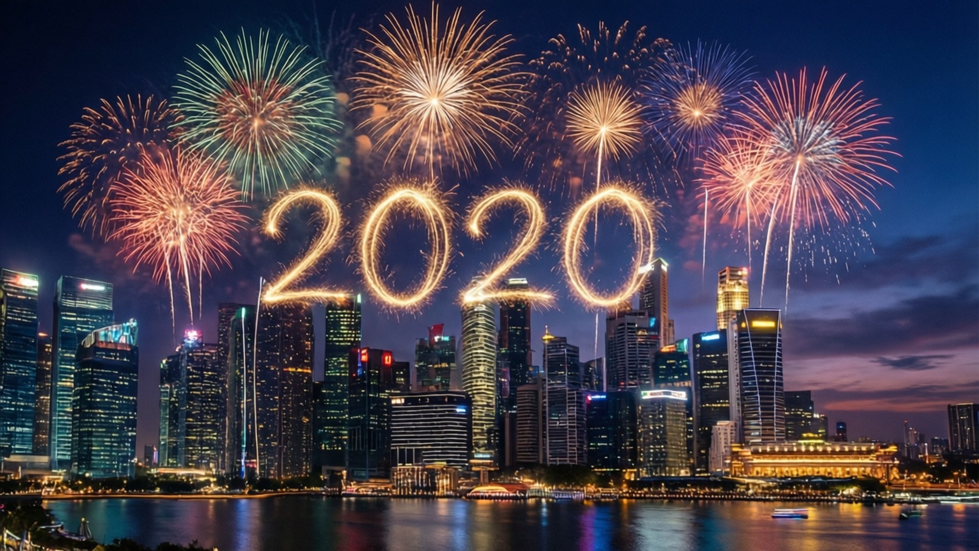 城市天際線上的煙花表演，'2020' 以金色光芒反射在水面上。