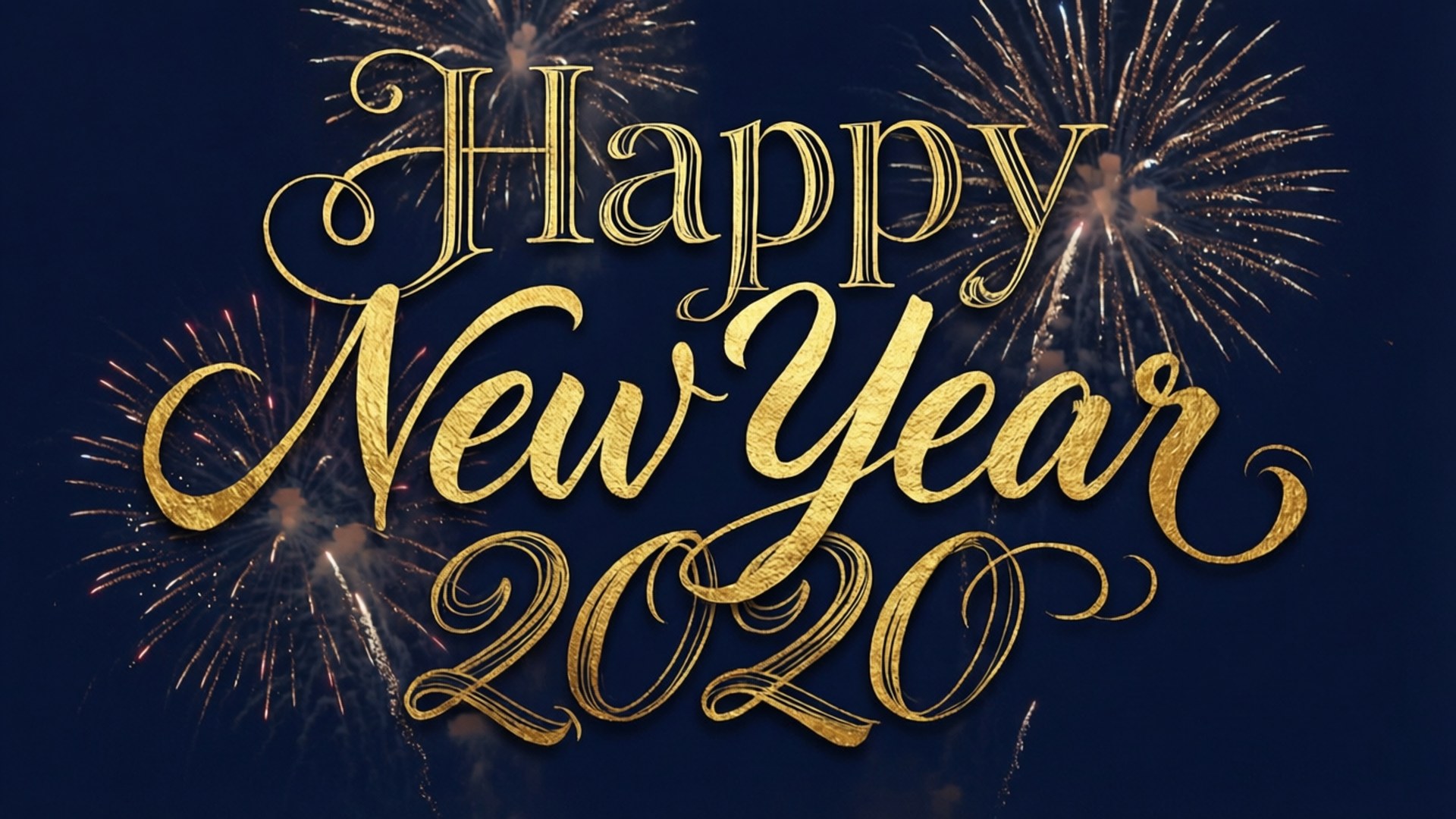 金色 'Happy New Year 2020' 文字與煙火，深藍色背景
