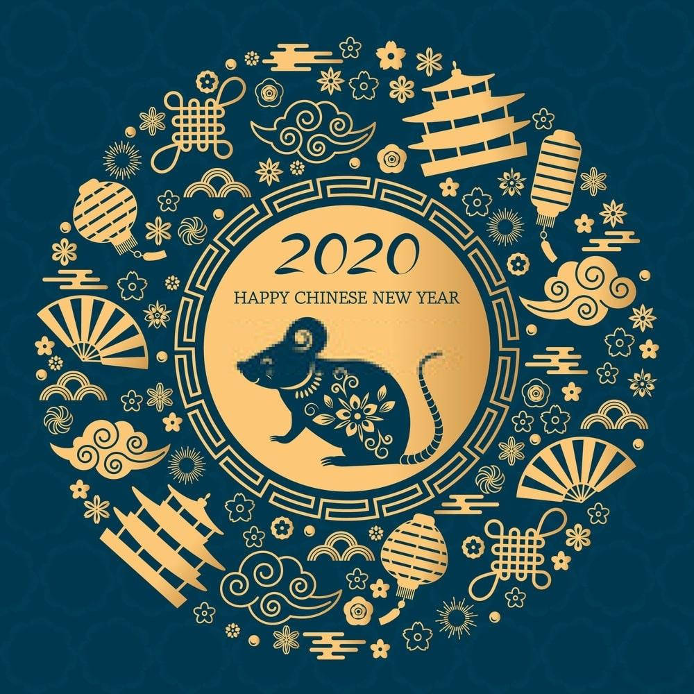 2020鼠年藍金主題 壁紙 — 金色2020年中國新年設計，以老鼠為主題，周圍環繞著燈籠、寶塔和花卉圖案，背景為深藍色。