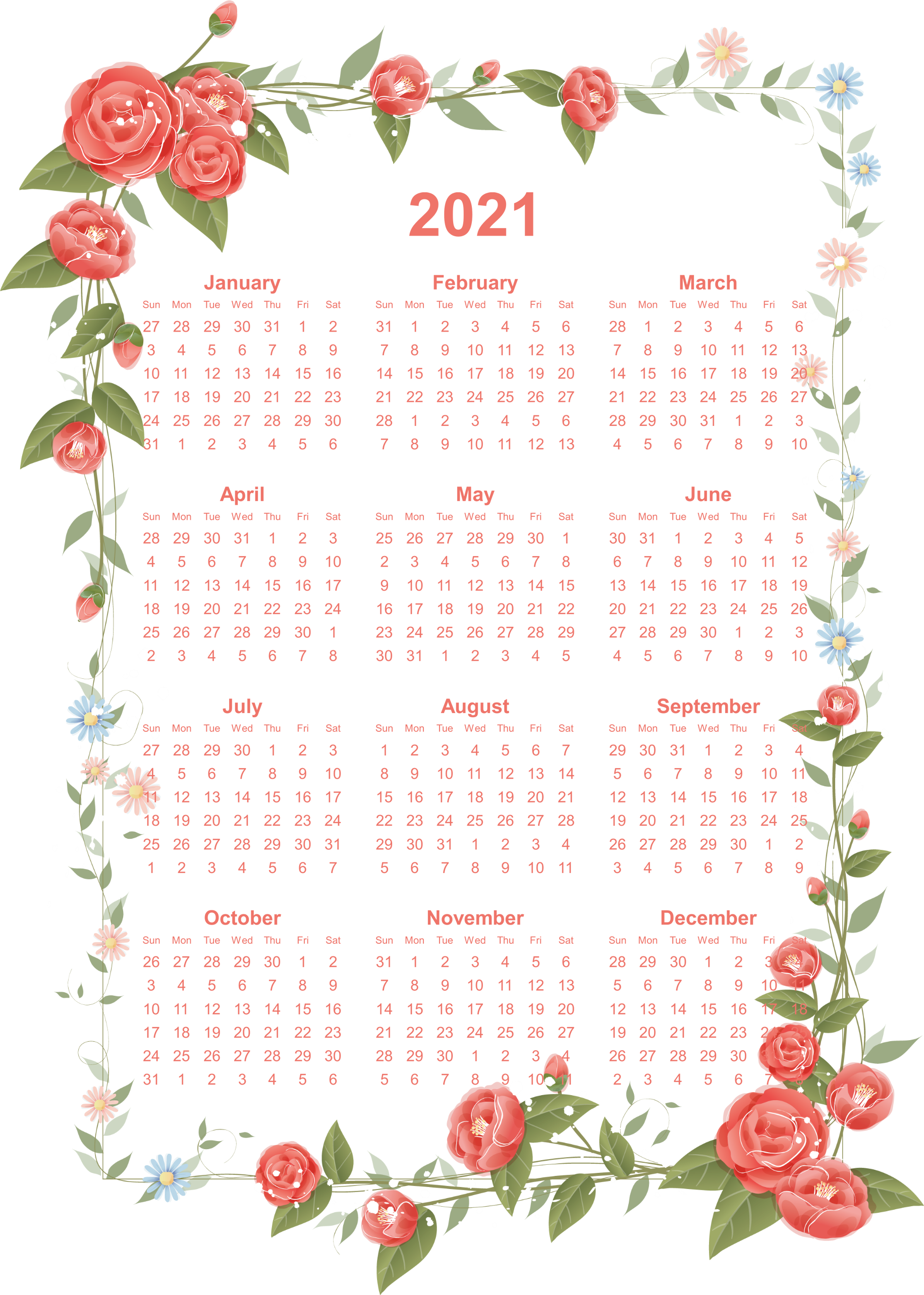 2021花卉年曆設計 壁紙 — 2021年月曆，紅色和藍色花朵及綠色葉子圍繞著白色月份和日期網格，背景為黑色。