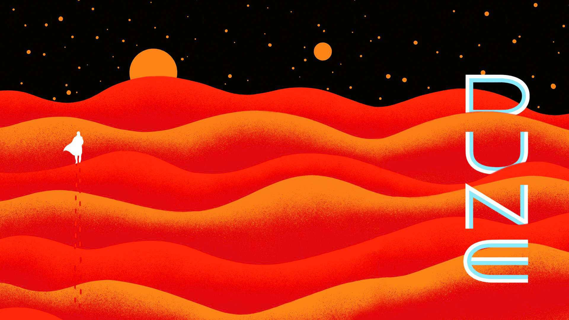 2021年《沙丘》圖像藝術 壁紙 — 一個孤獨的白色身影在星光熠熠的夜空下，走過起伏的橙紅色沙丘，空中漂浮著發光的球體。