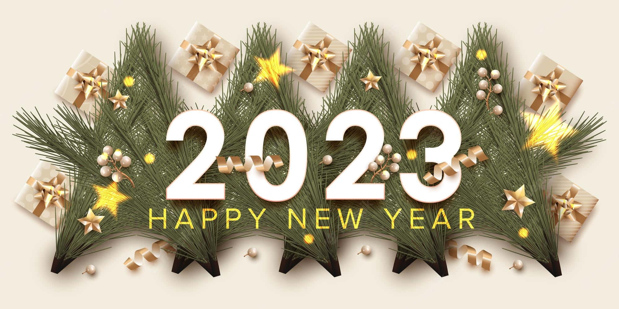 2021年第一天 —— 一起慶祝新年 壁紙 — 米色背景上，粗體白色2023文字被松樹枝、金色星星和包裝禮物環繞。
