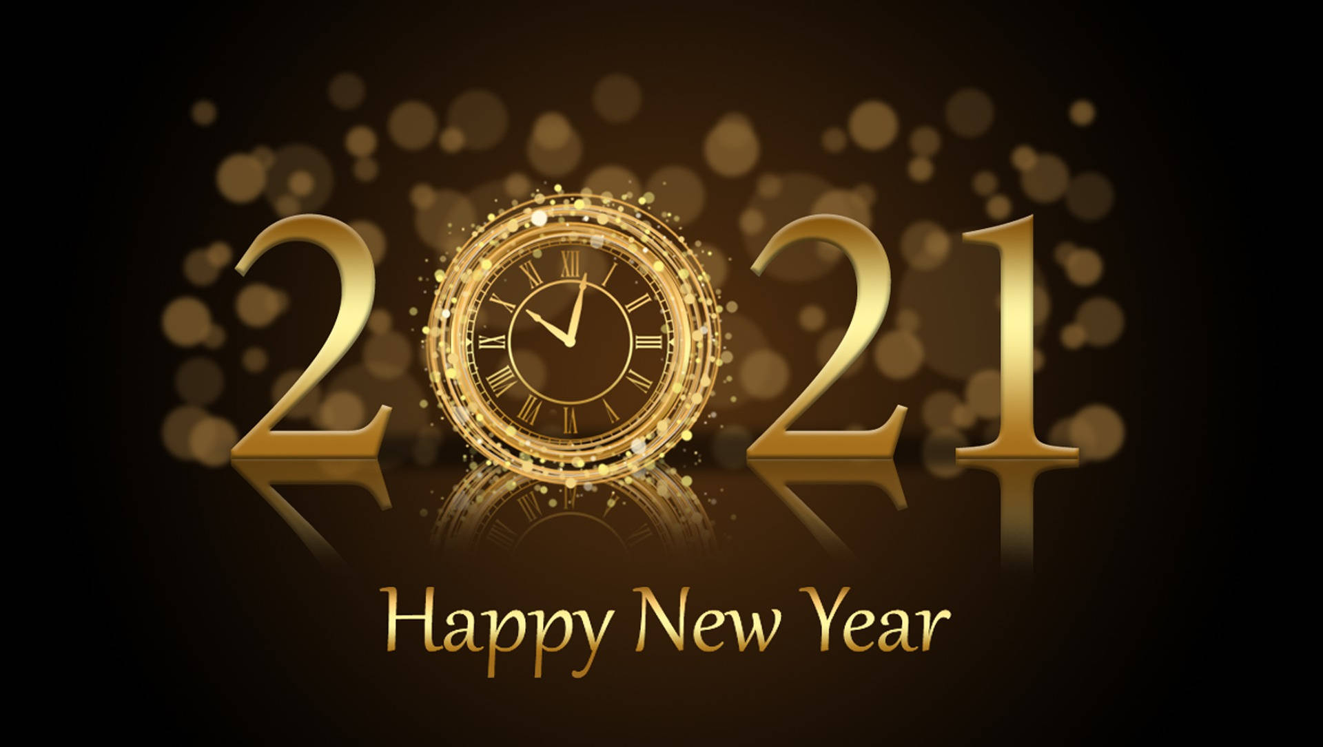 金色散景2021桌面壁紙 壁紙 — 金色2021新年時鐘，帶有閃爍粒子及反射，背景為深色。