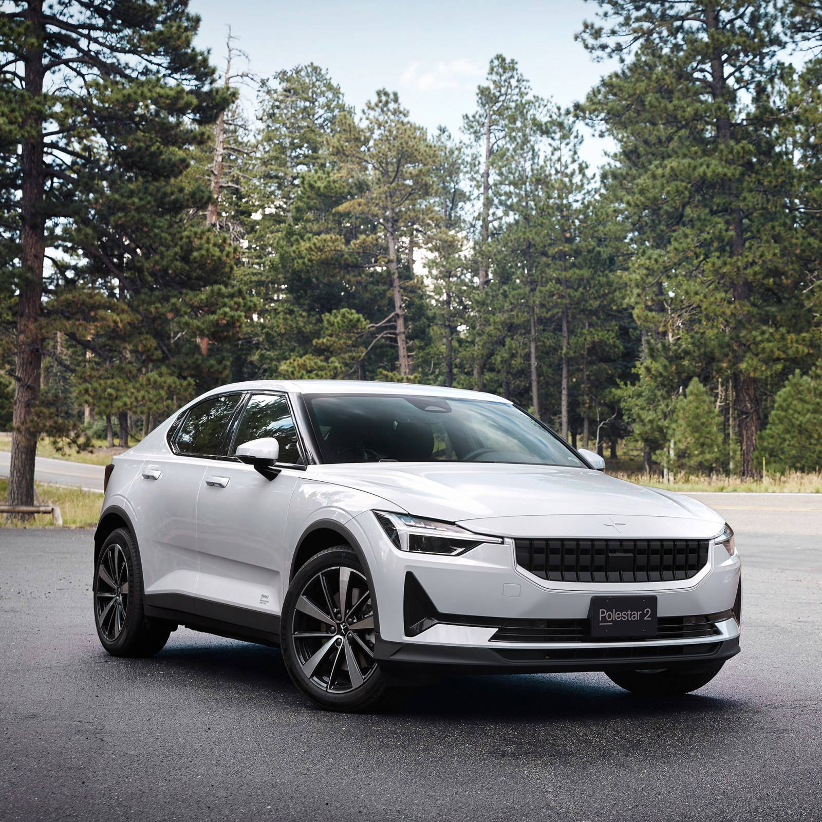 2021 Polestar 2 林間停泊 壁紙 — 一輛時尚的白色Polestar 2電動車停在瀝青路上，背景是高聳的松樹，天空明亮。