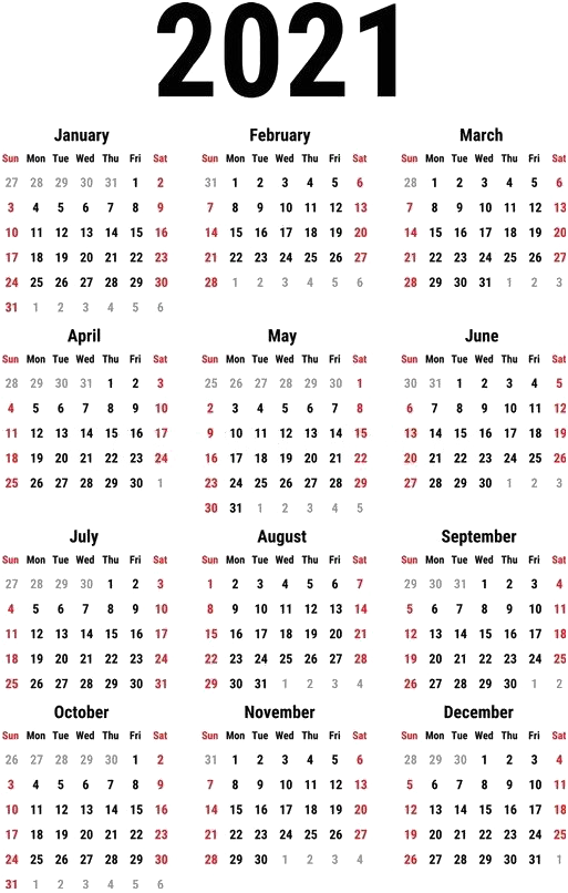 2021花卉日曆剪貼圖 壁紙 — 2021年簡約日曆，白色文字配黑色背景，日期帶有紅色強調。
