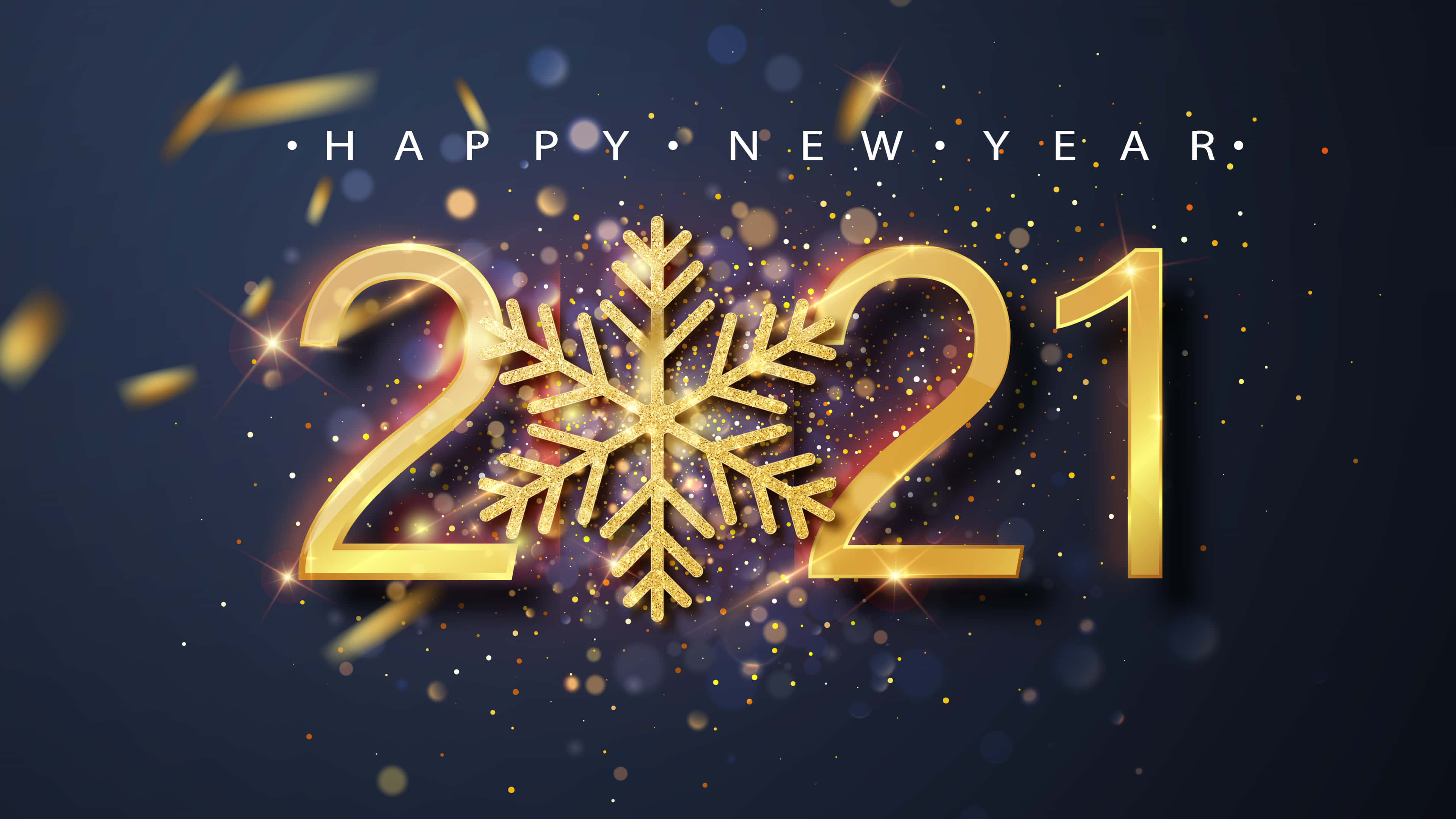 2021 年金雪花新年 壁紙 — 金色2021數字，中央有雪花裝飾，在深藍色背景上閃爍，配以五彩紙屑和散景燈光。