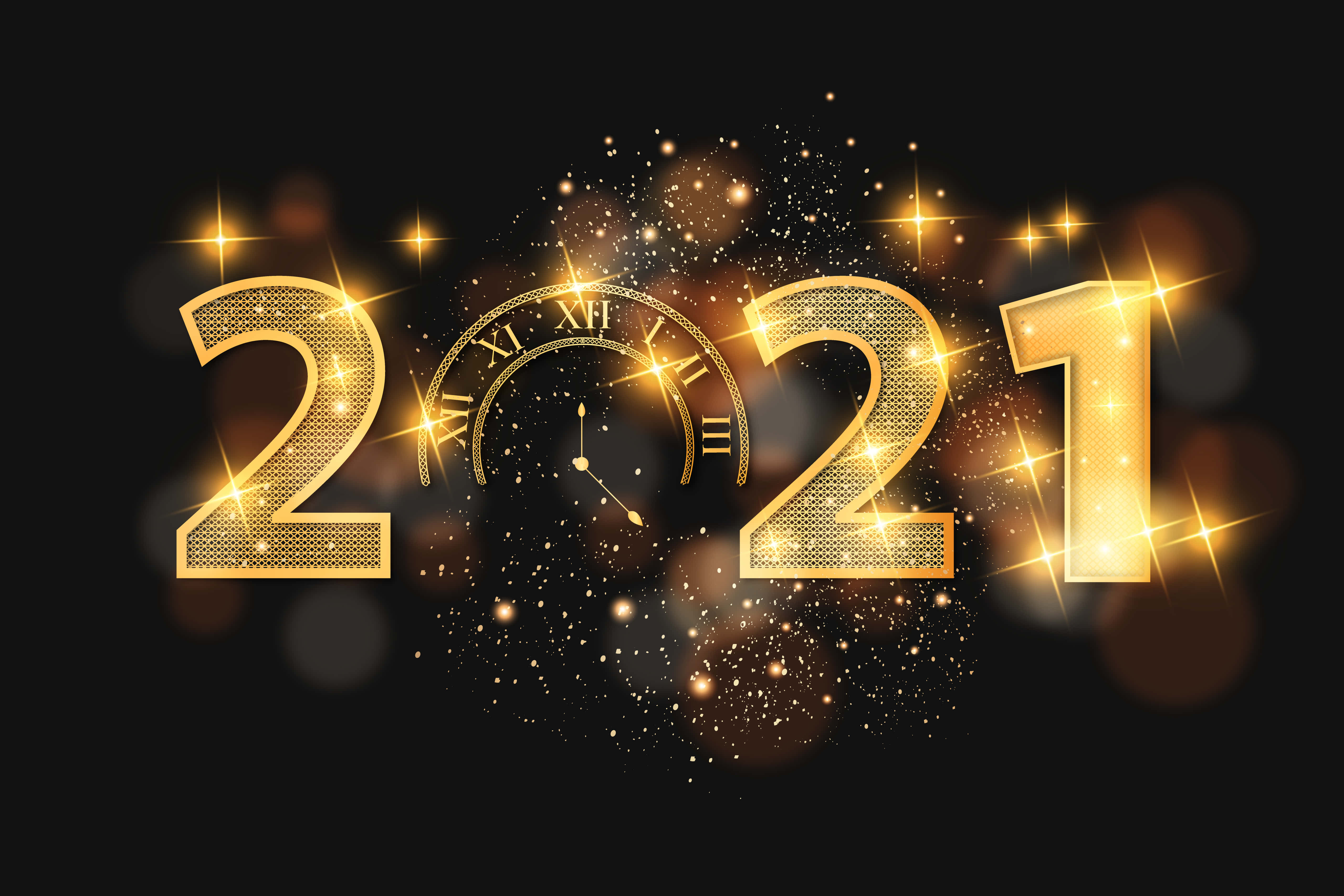 2021 年金光閃閃新年數字 壁紙 — 金色閃爍的2021數字，配以羅馬數字時鐘和閃爍粒子，背景為深色。