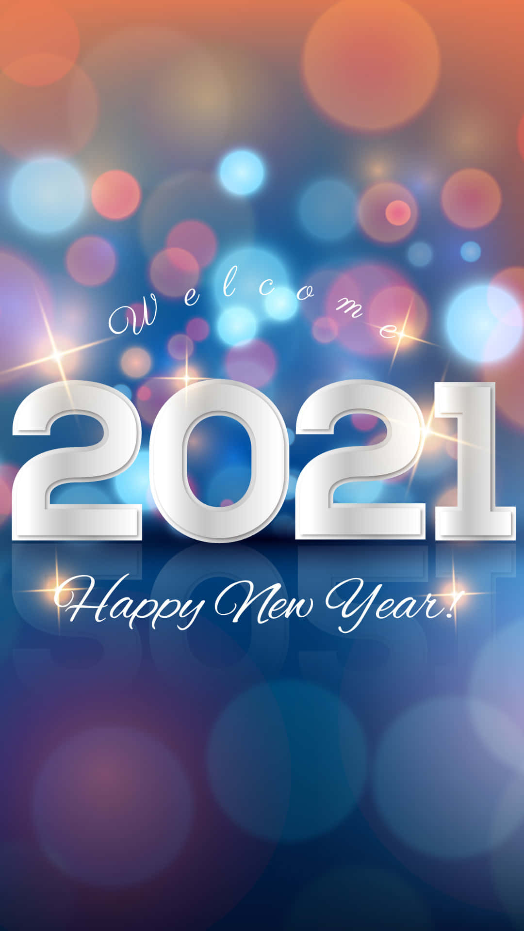 2021 新年快樂，絢麗光斑背景 壁紙 — 閃亮銀色2021文字，搭配閃爍燈光和彩色散景背景，適合新年慶祝。